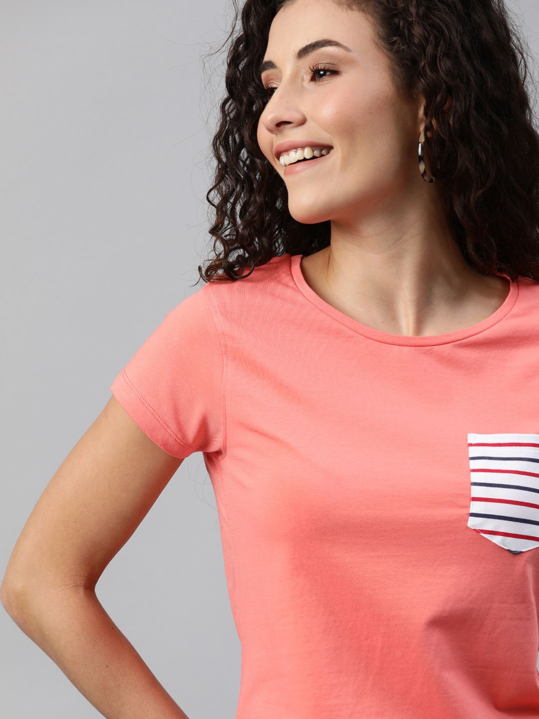 Mast & Harbour Women Coral Pink Solid Round Neck T-shirt with Contrast Pocket