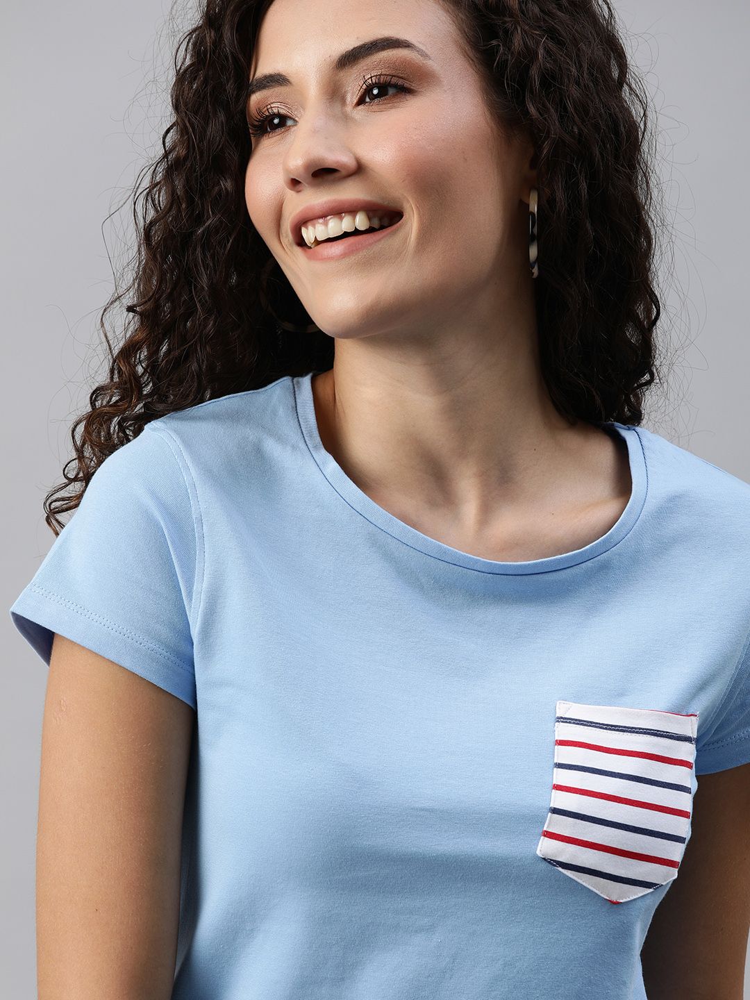 Mast & Harbour Women Blue Solid Round Neck T-shirt With Chest Pocket