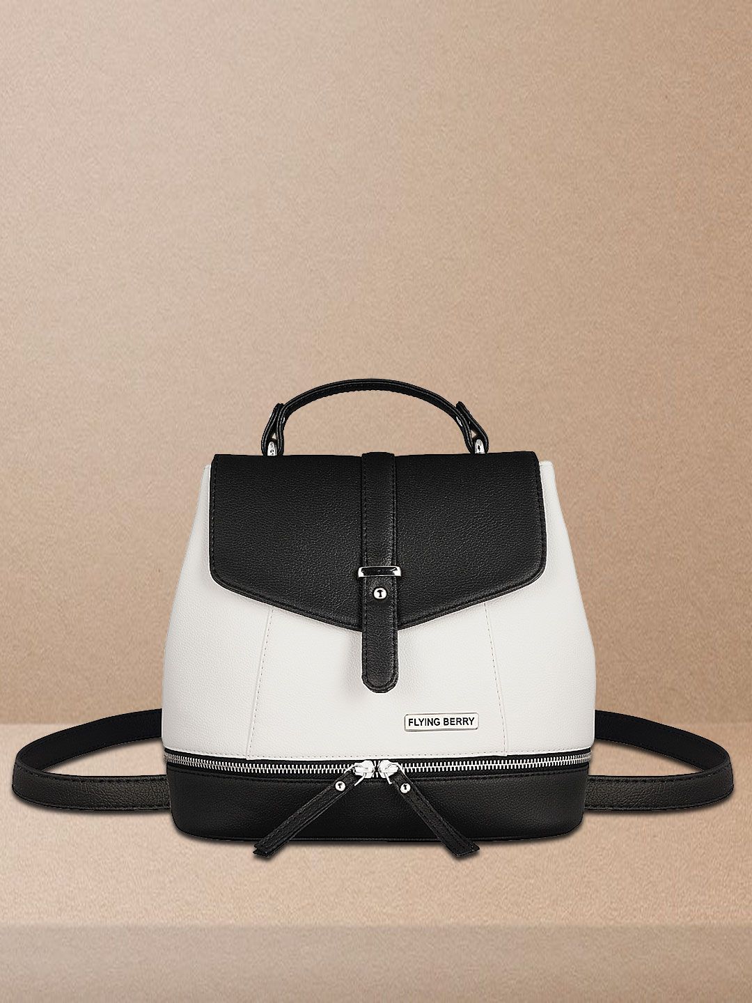 FLYING BERRY Women White & Black Colourblocked Backpack Price in India