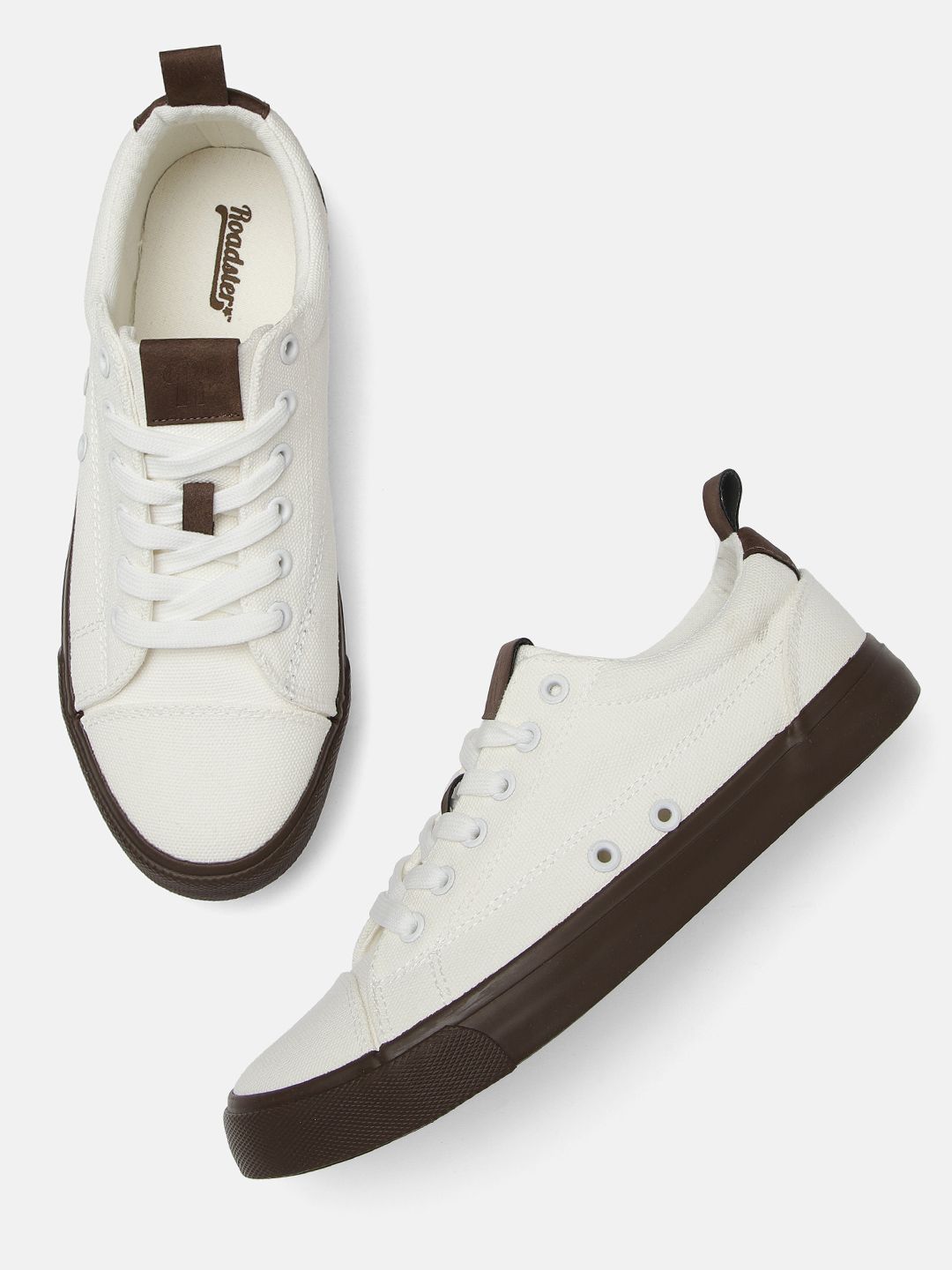 Roadster Men White & Brown Solid Sneakers