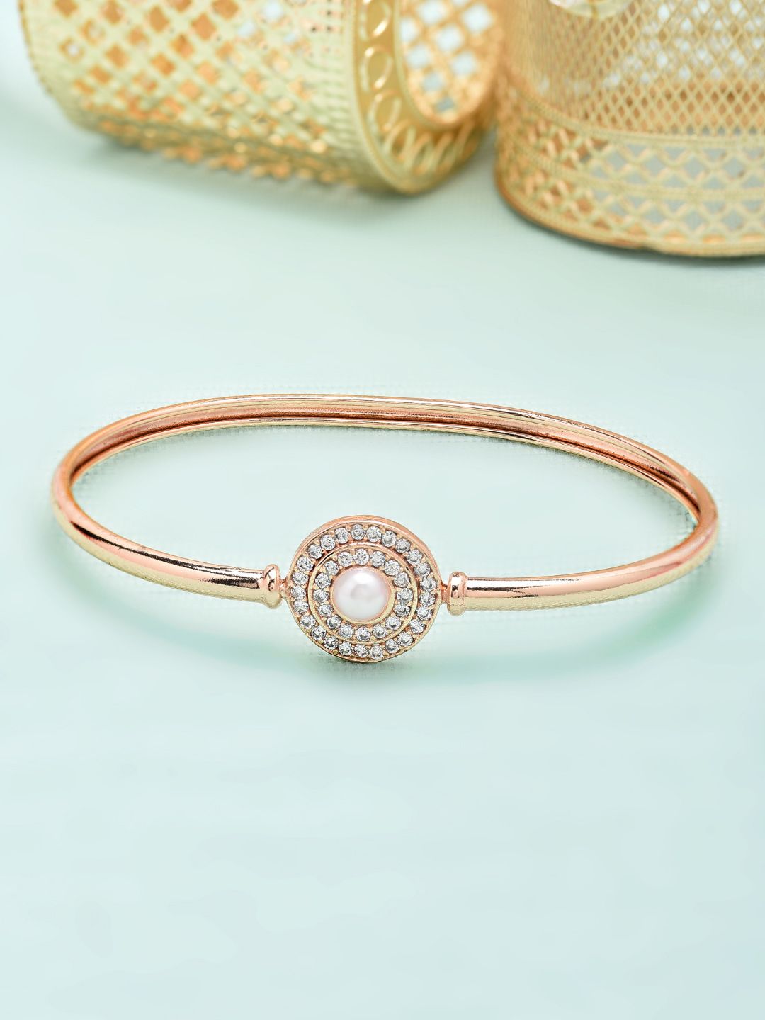 Zaveri Pearls Rose Gold-Plated Cubic Zirconia & Pearl Bracelet Price in India