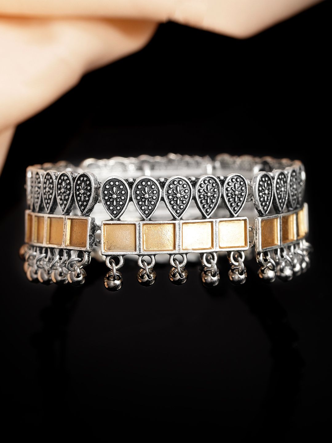 Rubans Women Silver-Plated Oxidised Elasticated Bracelet Price in India