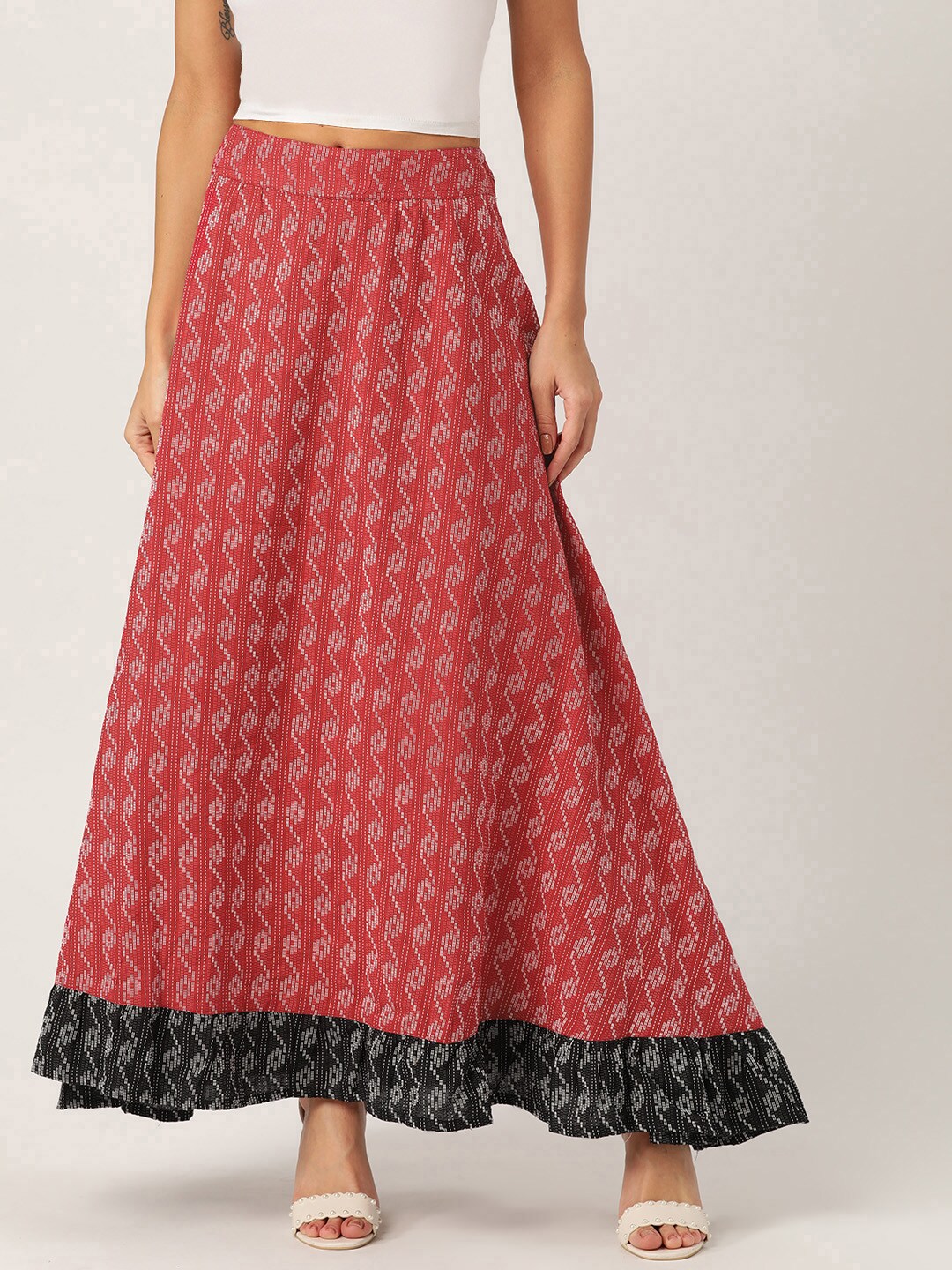 InWeave Women Red & White Self-Design Maxi Flared Skirt