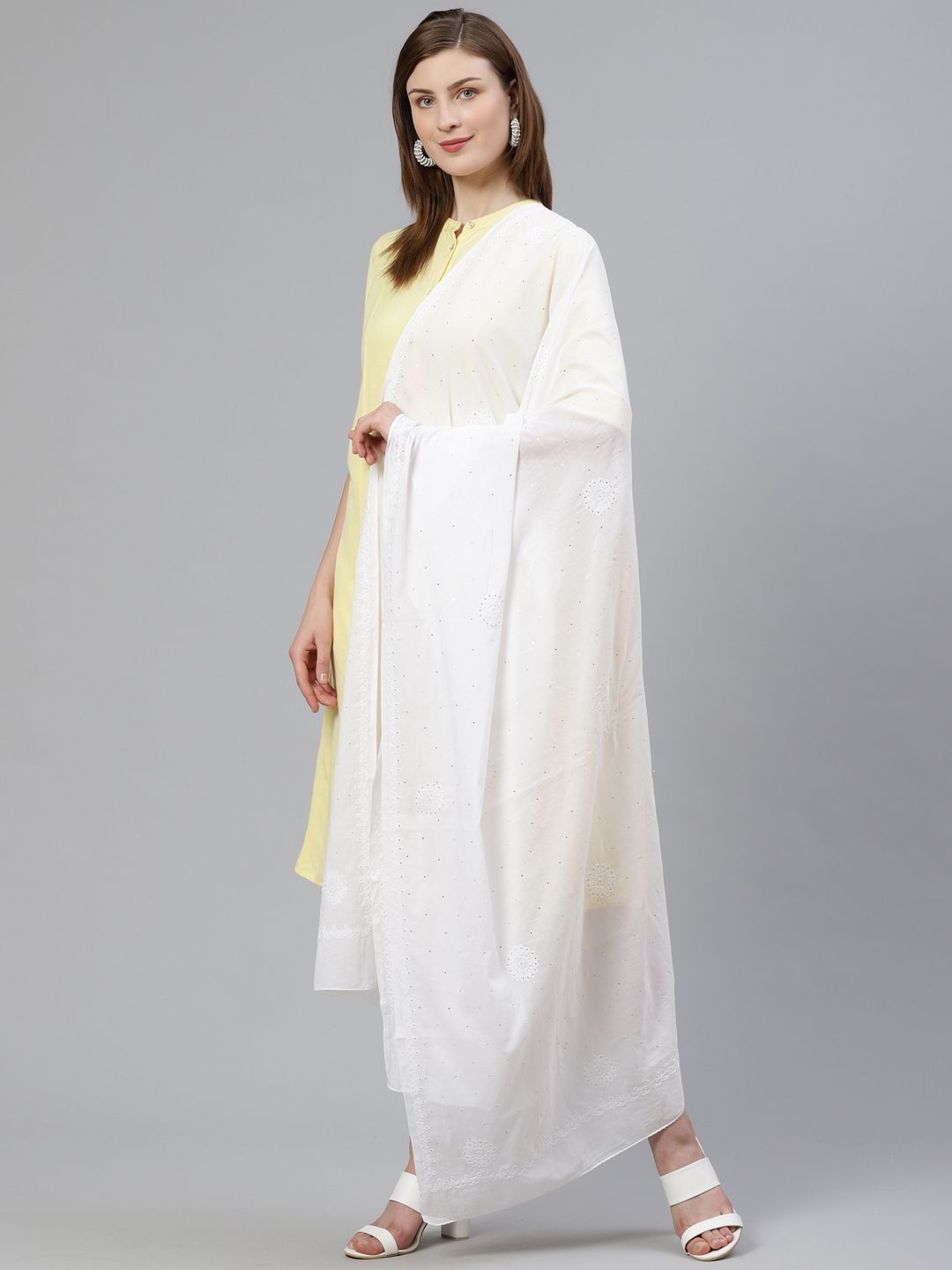ADA White Chikankari Hand Embroidered Sustainable Pure Cotton Dupatta
