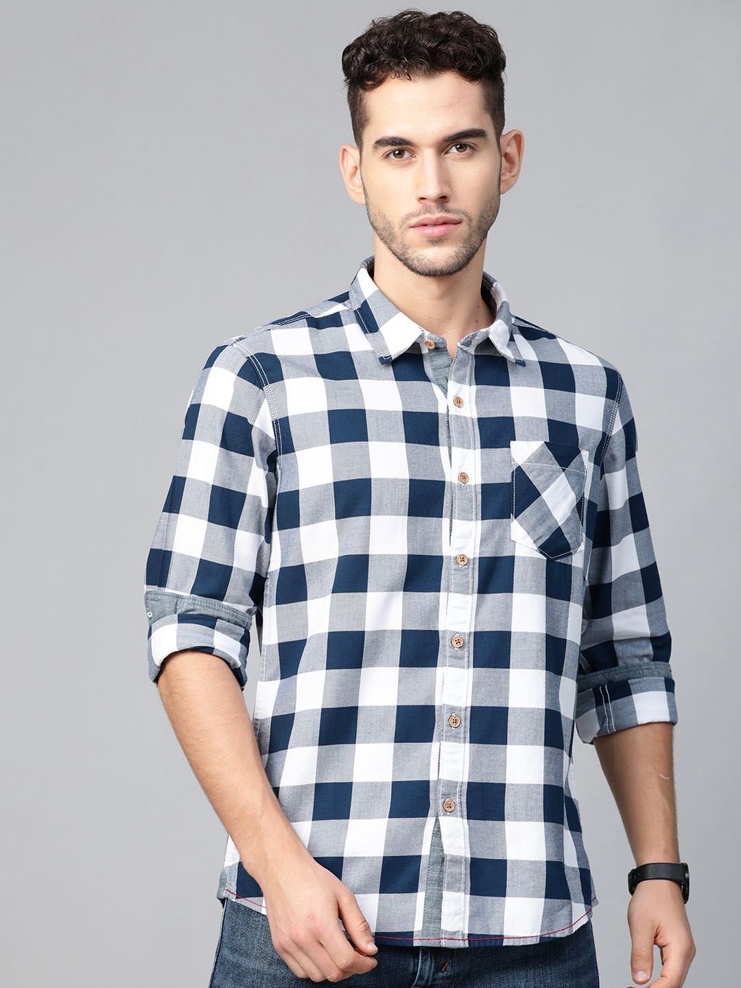 BEAT LONDON by PEPE JEANS Men Navy Blue & White Slim Fit Checked Casual Shirt