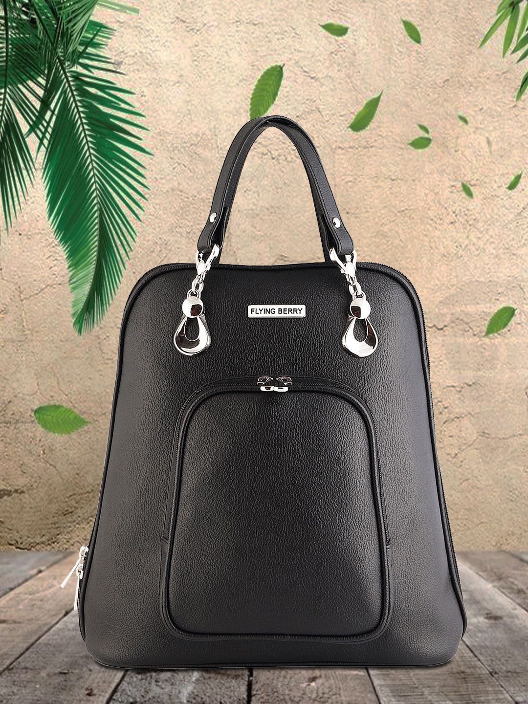 FLYING BERRY Women Black Solid Backpack Price in India