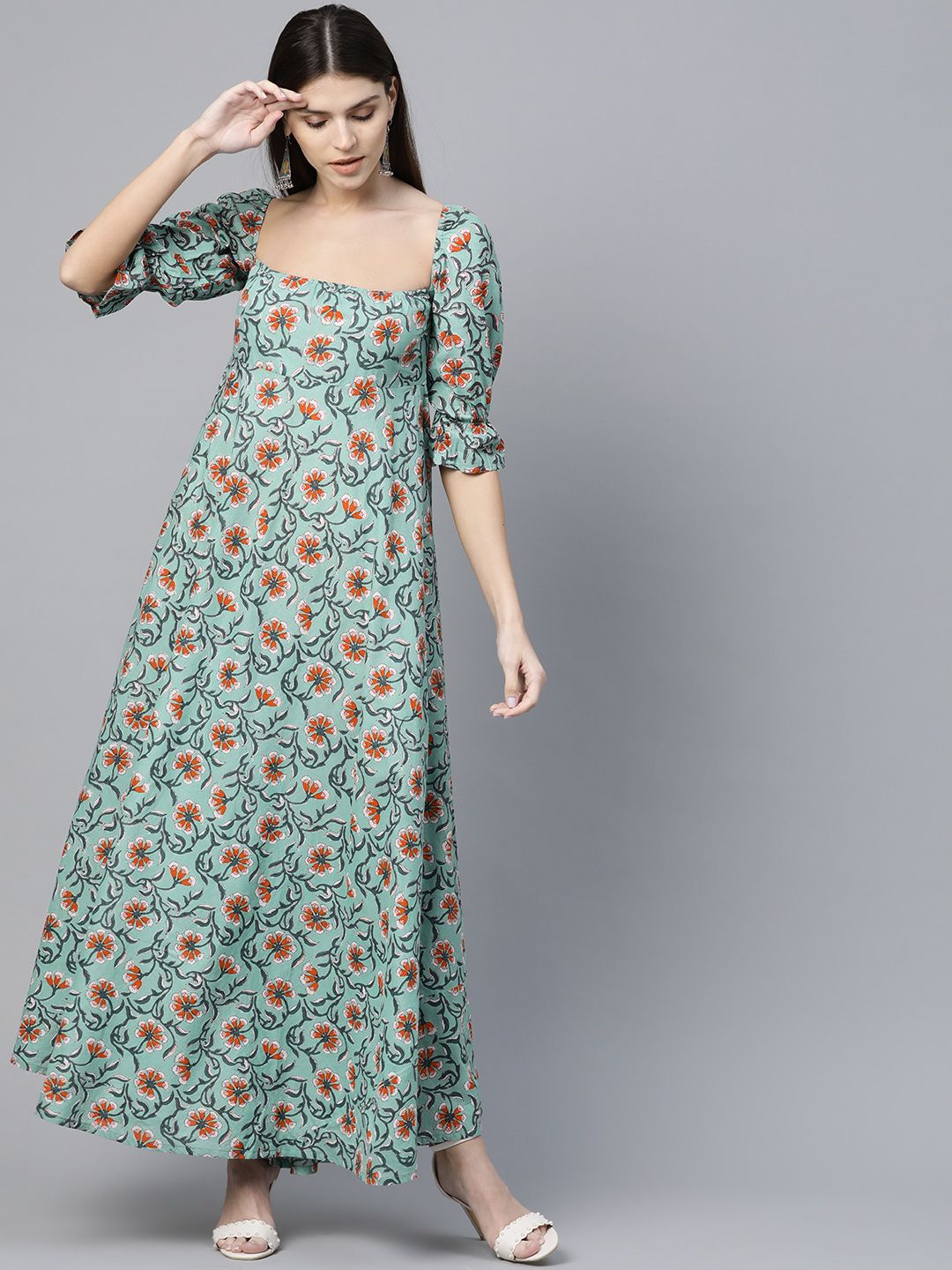 AKS Women Green & Orange Printed Maxi Dress