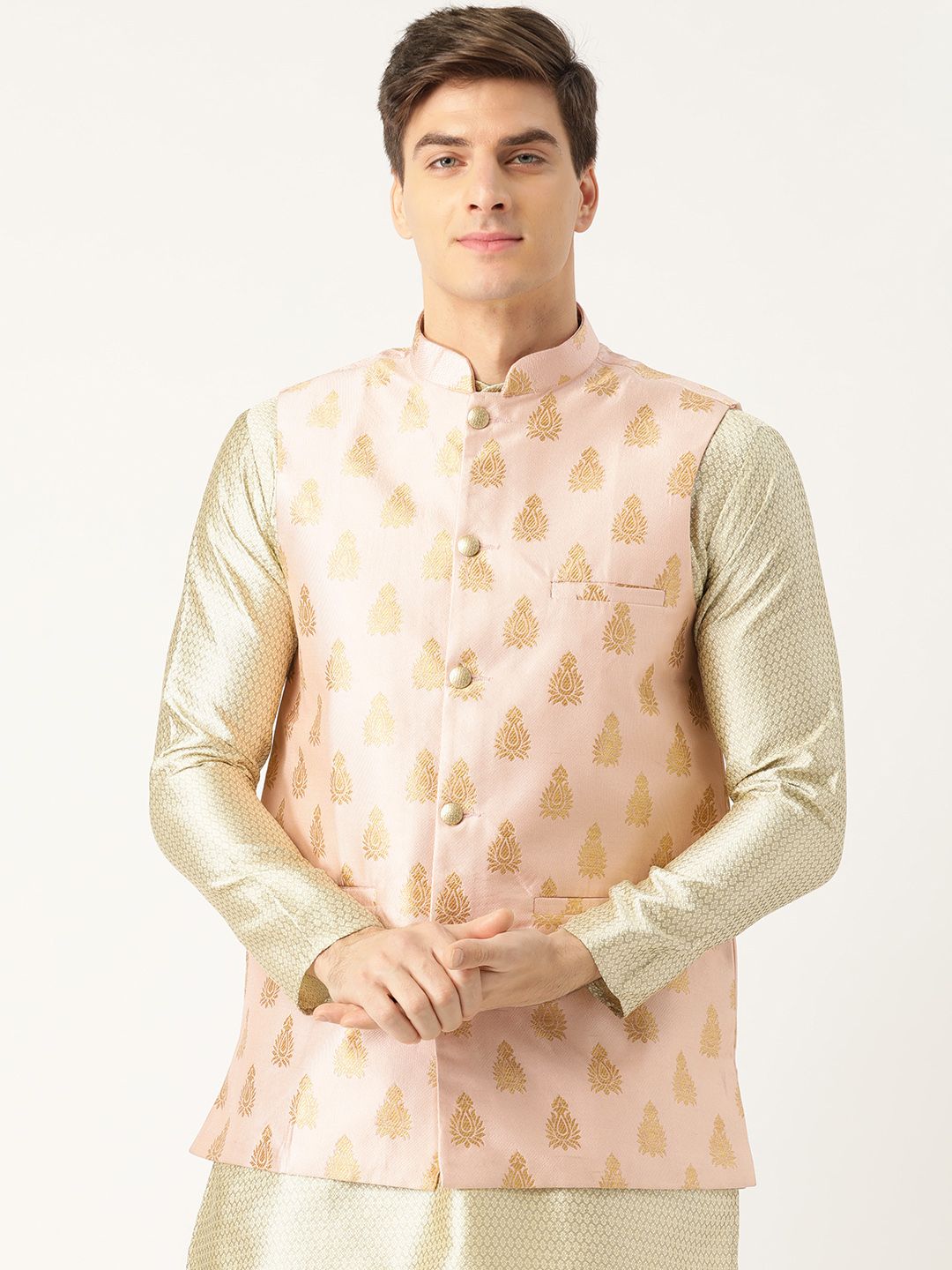 SOJANYA Men Pink & Golden Woven Design Nehru Jacket