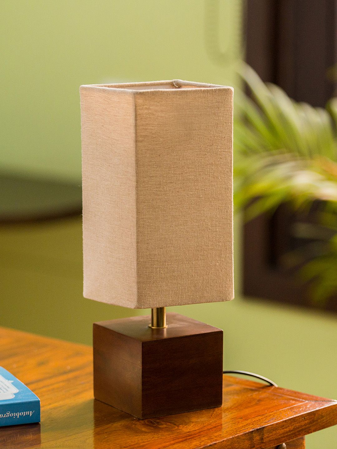 ExclusiveLane Beige 12 inch Cubic Mango Wooden Column Table Lamp with Shade Price in India
