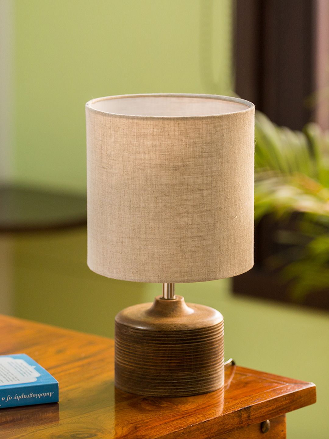 ExclusiveLane Beige 14 inch Round Mango Wooden Buffet Table Lamp with Shade Price in India