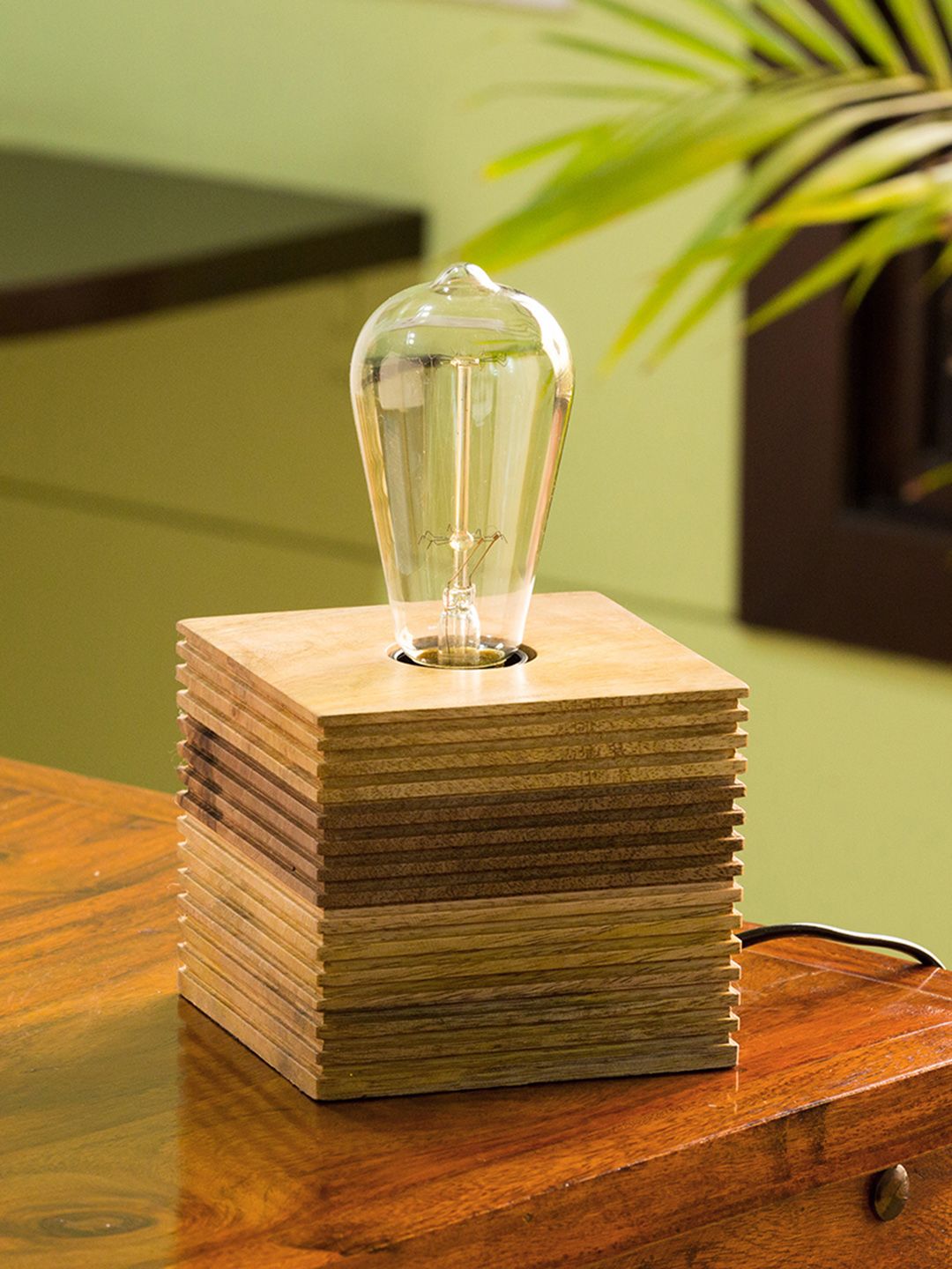 ExclusiveLane Brown Self Design Handcrafted Edison Wooden Table Lamp Price in India