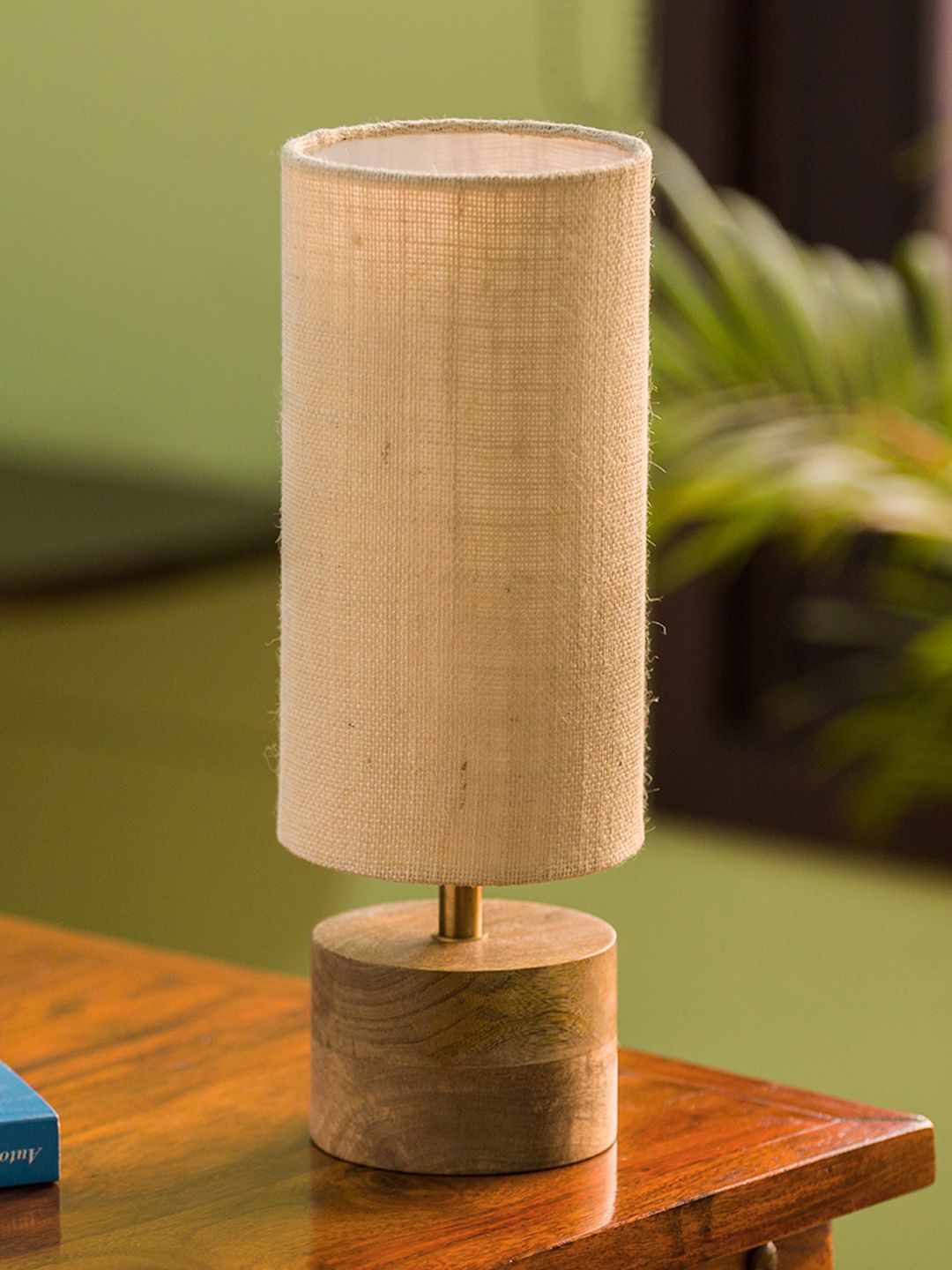 ExclusiveLane Beige 14 inch Round Mango Wooden Table Lamp with Shade Price in India