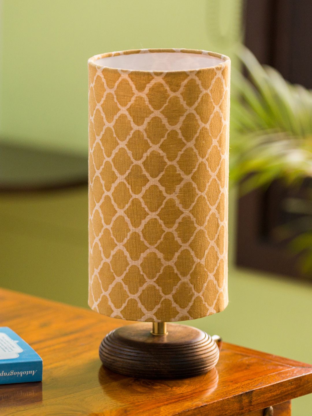 ExclusiveLane Brown Printed Moroccan Round Column Wooden Table Lamp Price in India