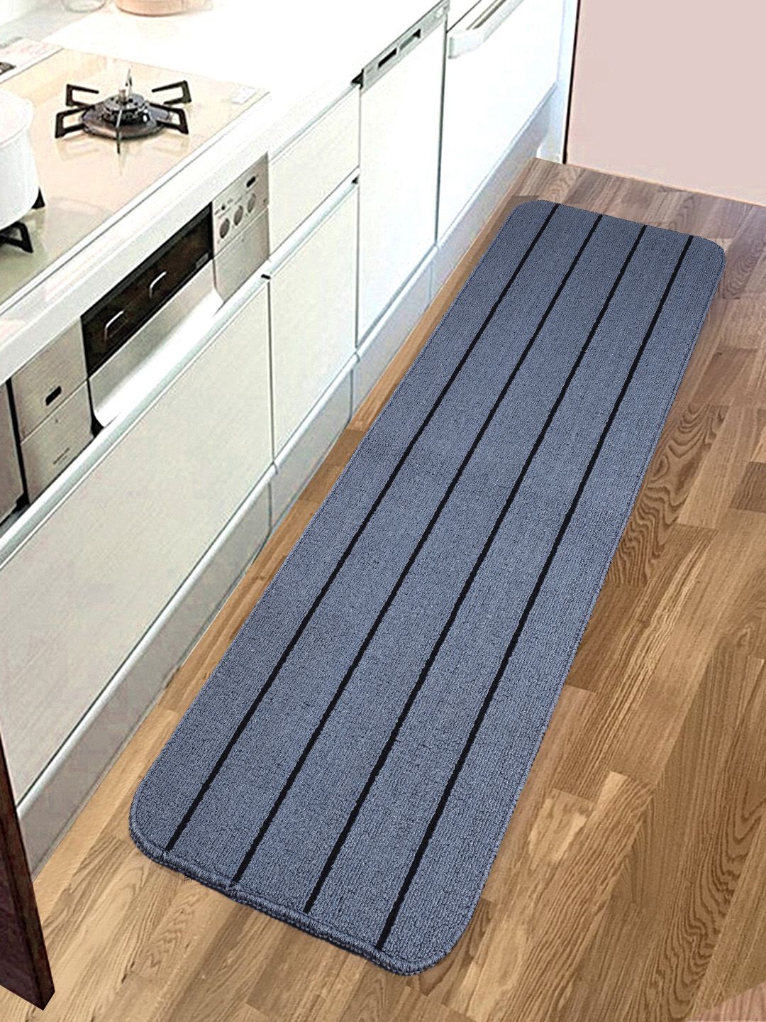 Saral Home Turquoise Blue Striped Anti-Skid Bedside/Kitchen Runner Price in India