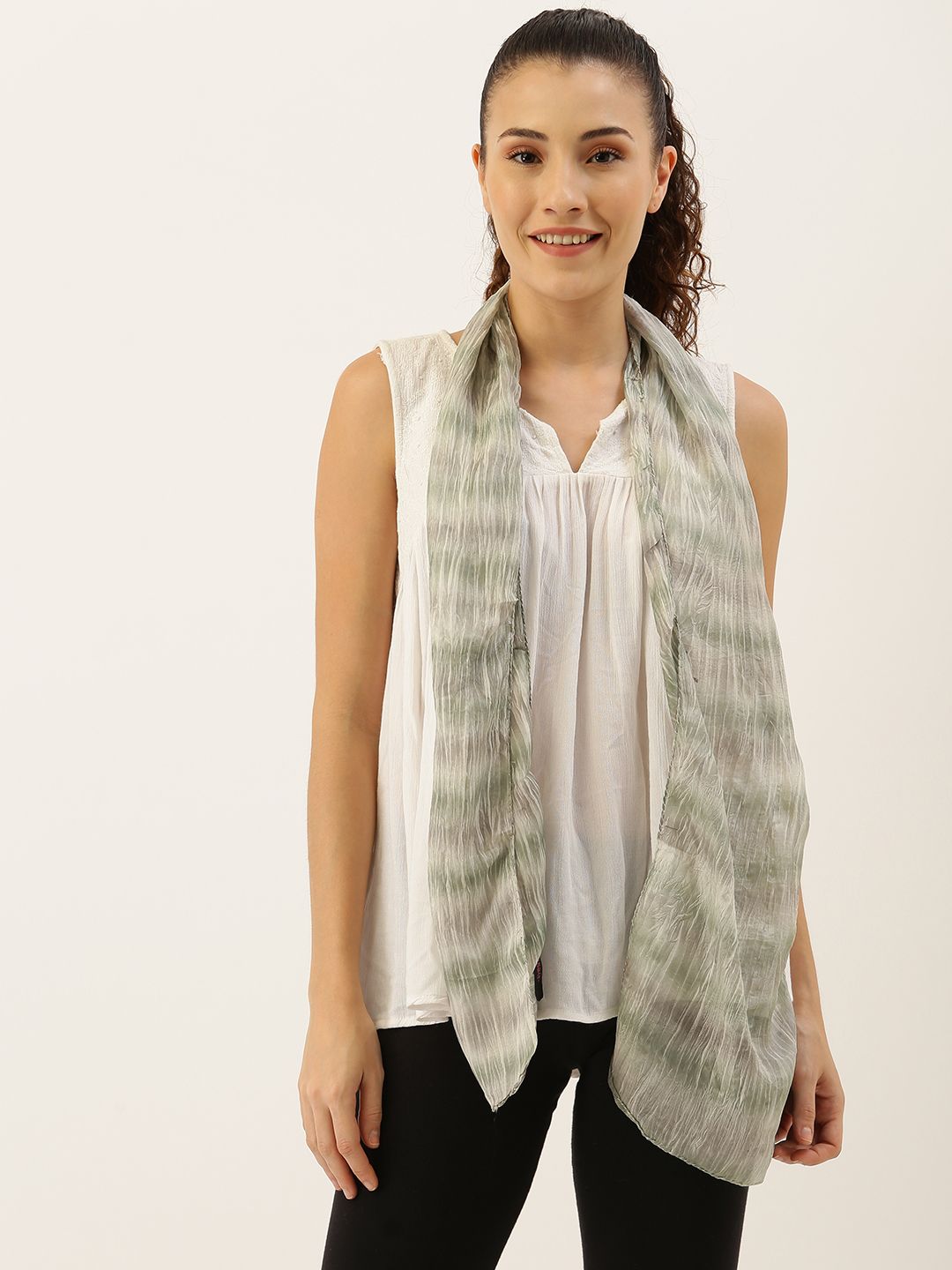 Ayesha Women Off-White & Green Abstract Printed Silk Crincle Scarf Price in India