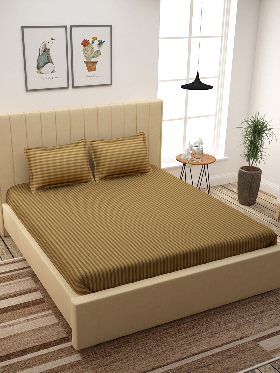 Story@home Camel Brown Self-Striped 300 TC Cotton 1 King Bedsheet with 2 Pillow Covers Price in India