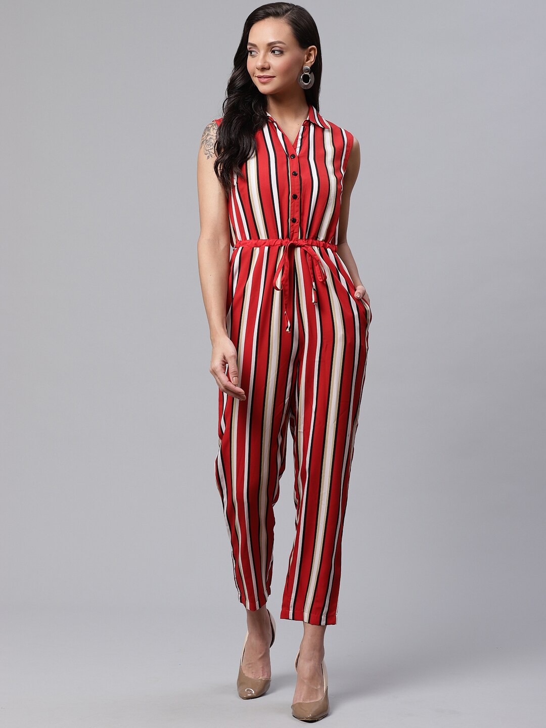 Deewa Women Red & Off-White Striped Basic Jumpsuit Price in India