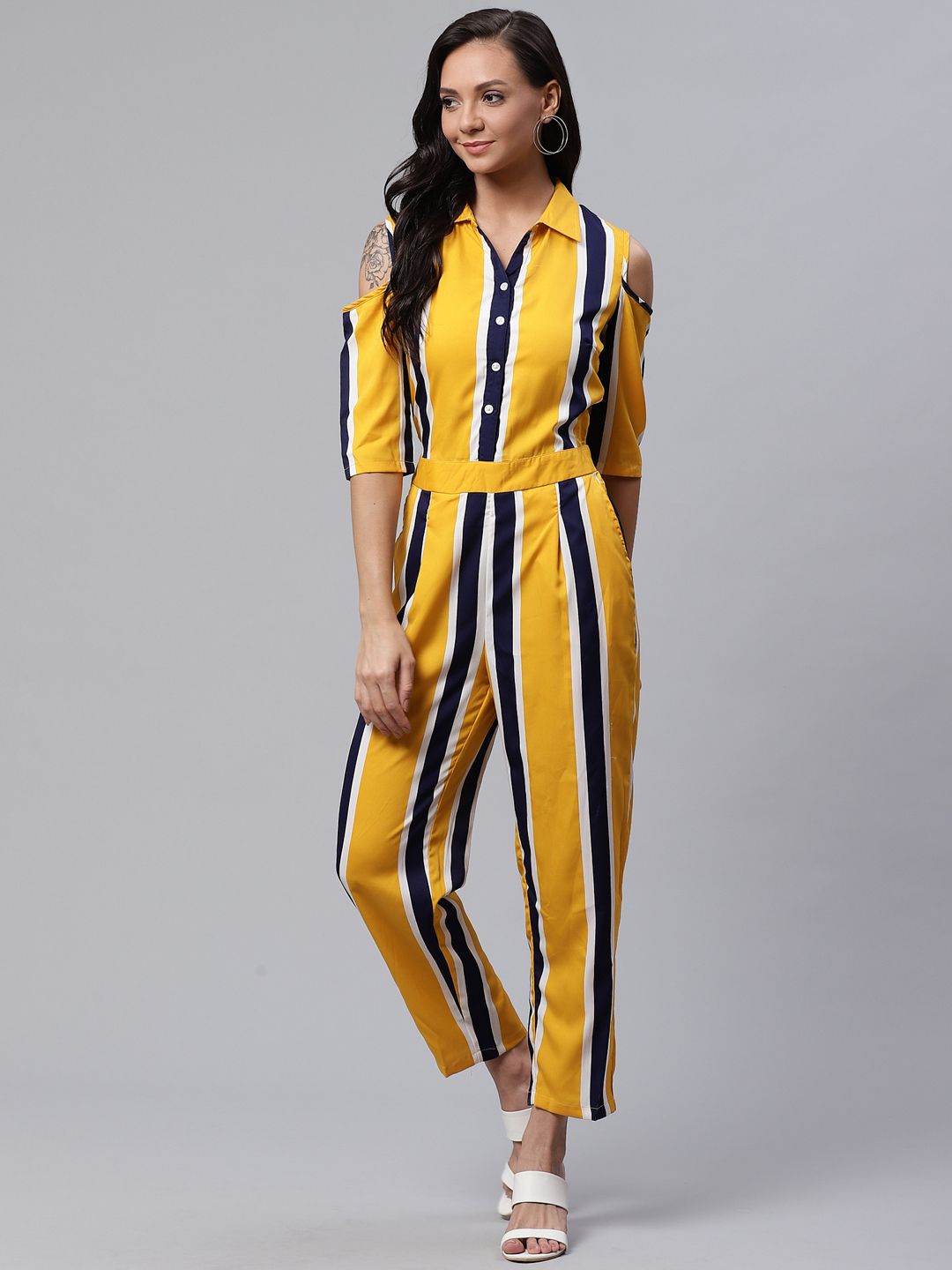 Deewa Women Yellow & Navy Blue Striped Cold-Shoulder Basic Jumpsuit Price in India