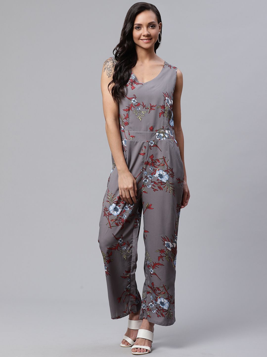 Deewa Women Grey & Red Floral Print Basic Jumpsuit Price in India