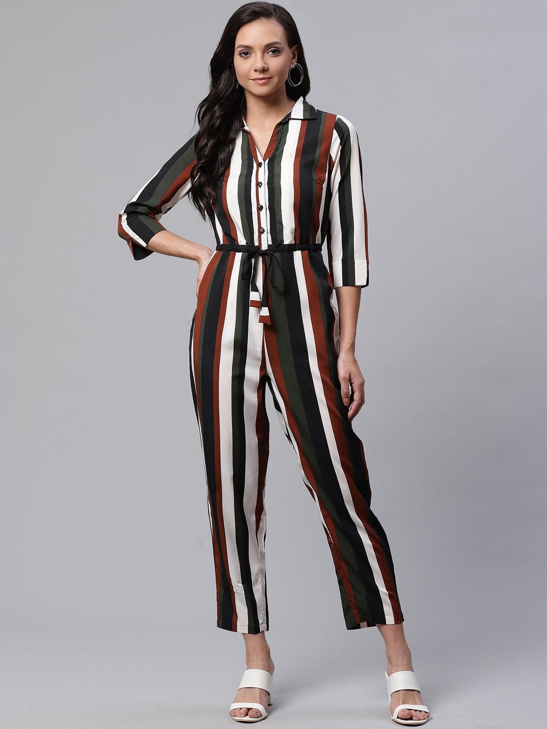Deewa Women Black & Off-White Striped Basic Jumpsuit Price in India