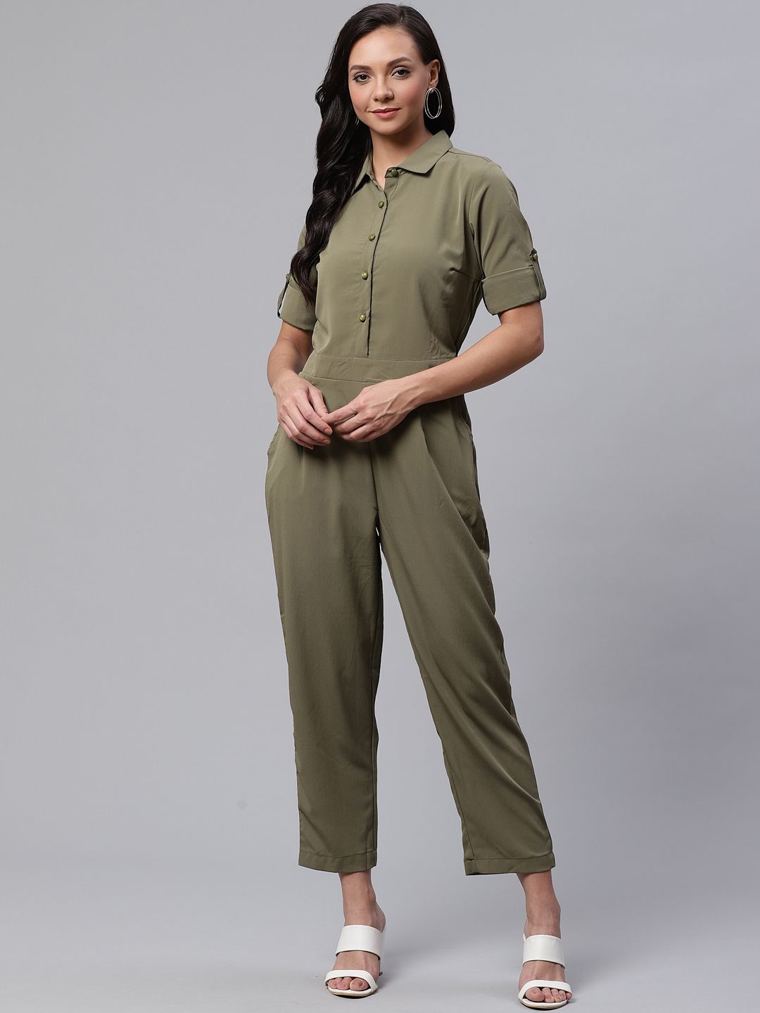 Deewa Women Olive Green Solid Basic Jumpsuit Price in India