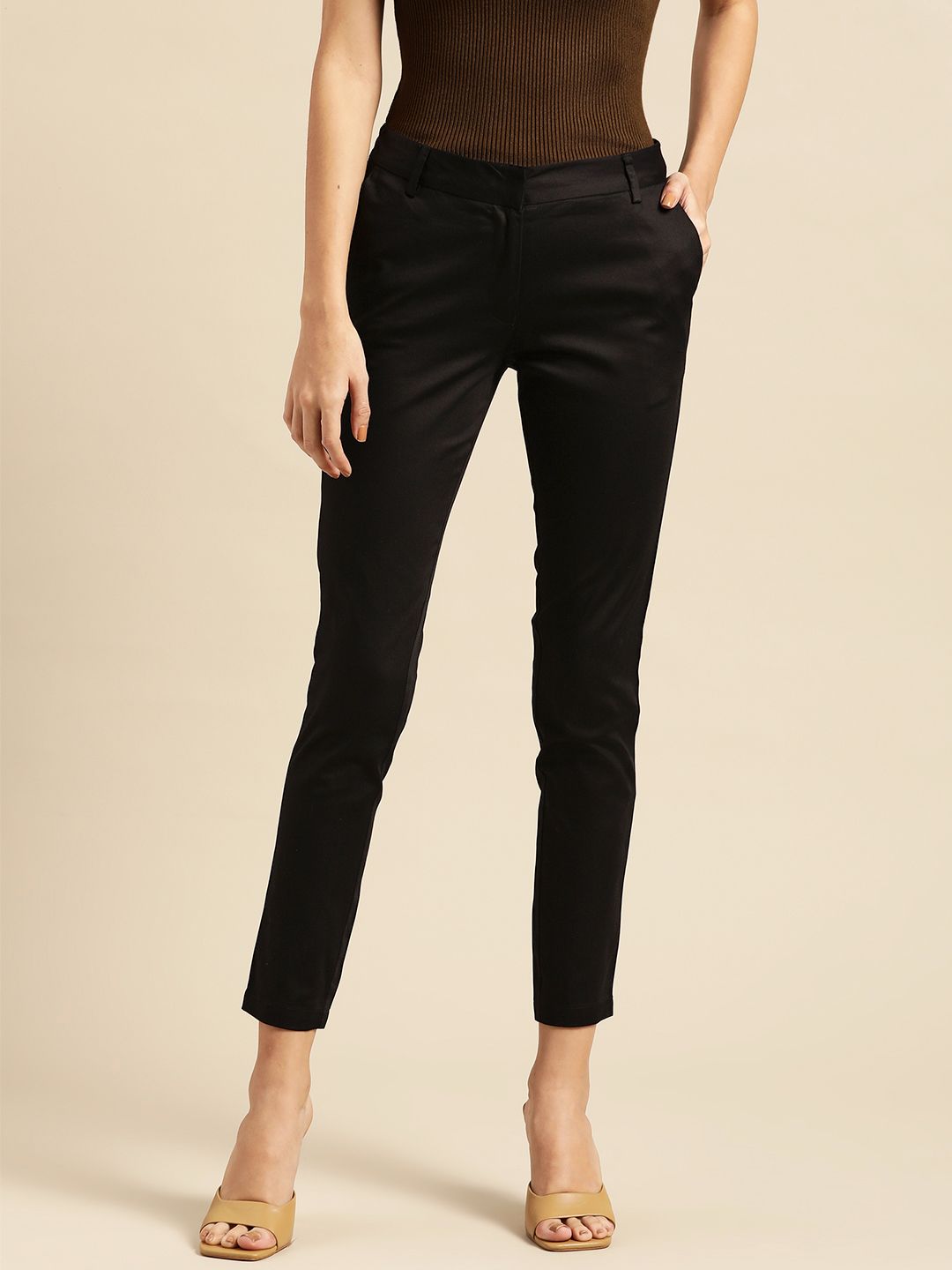 ether Women Black Skinny Fit Solid Cropped Formal Trousers Price in India