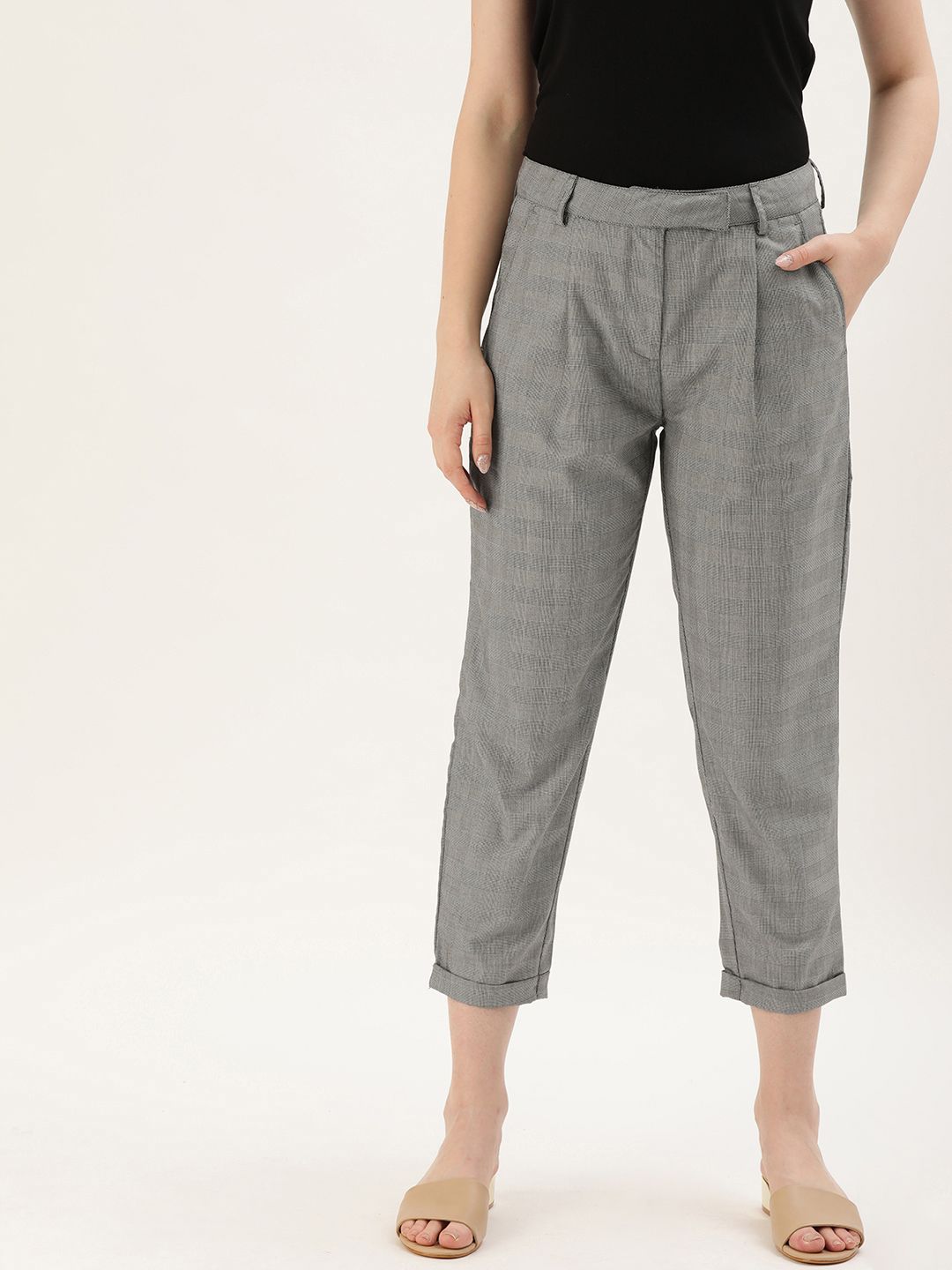 ether Women Grey & Black Tapered Fit Checked Cropped Trousers Price in India