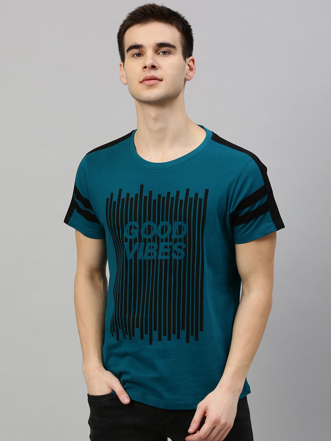 HERE&NOW Men Teal Blue Printed Round Neck T-shirt