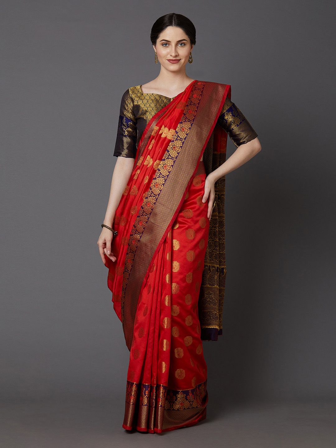 Mitera Red & Gold-Coloured Silk Blend Woven Design Banarasi Saree