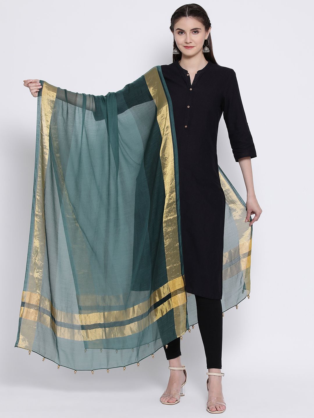 SHINGORA Women Teal Green & Gold-Coloured Solid Antimicrobial Dupatta Price in India