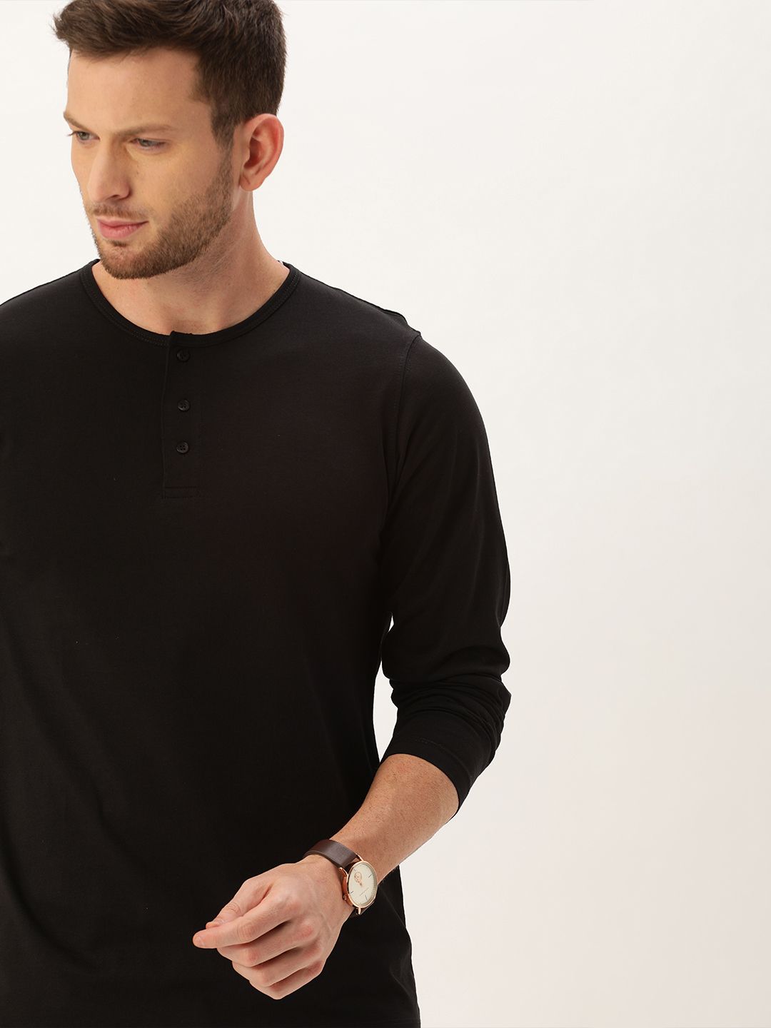 ether Men Black Solid Henley Neck T-shirt