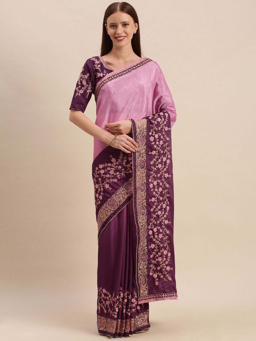 Mitera Purple & Pink Silk Blend Embroidered Saree Price in India