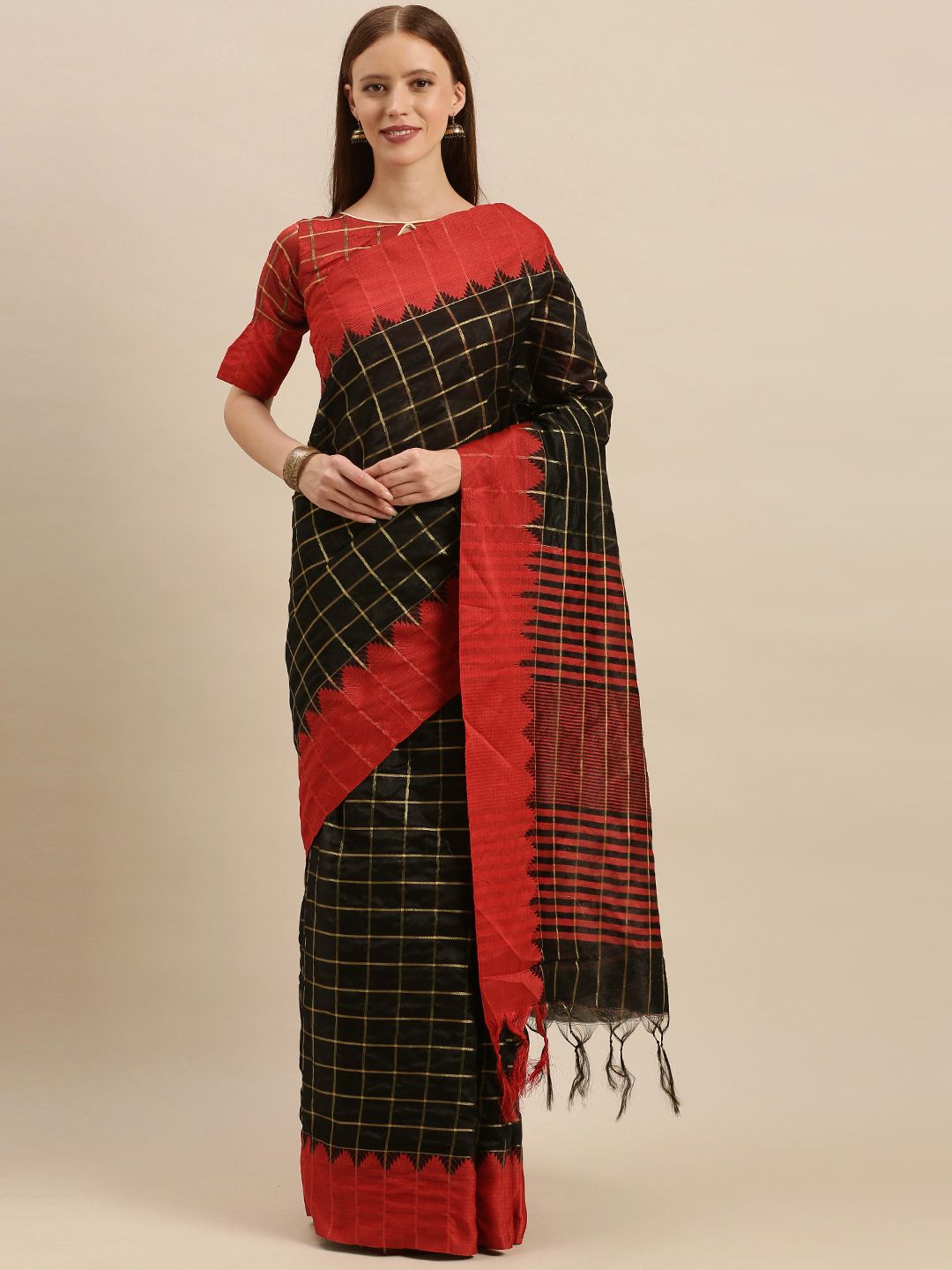 Mitera Black & Red Cotton Blend Checked Kanjeevaram Saree Price in India