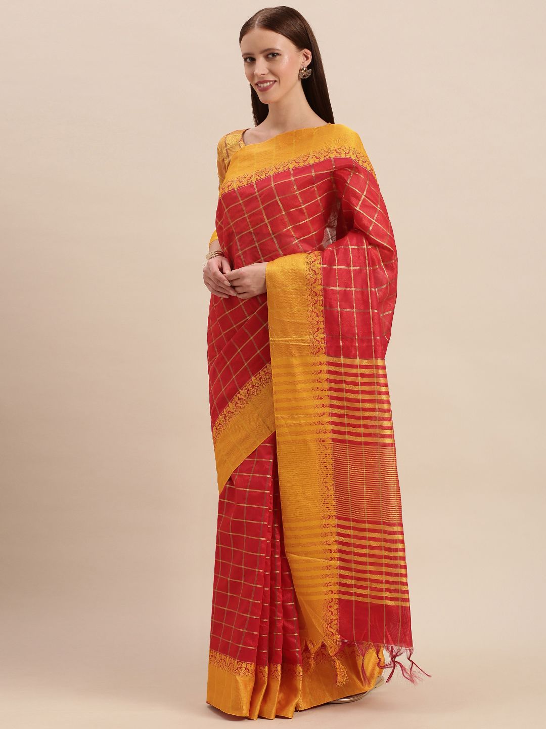 Mitera Red Cotton Blend Woven Design Kanjeevaram Saree Price in India