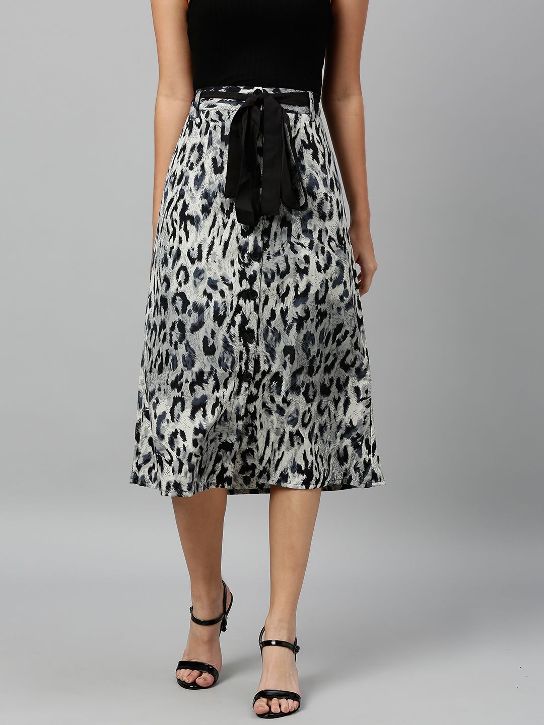 SCOUP Women White & Black Animal Printed A-Line Skirt