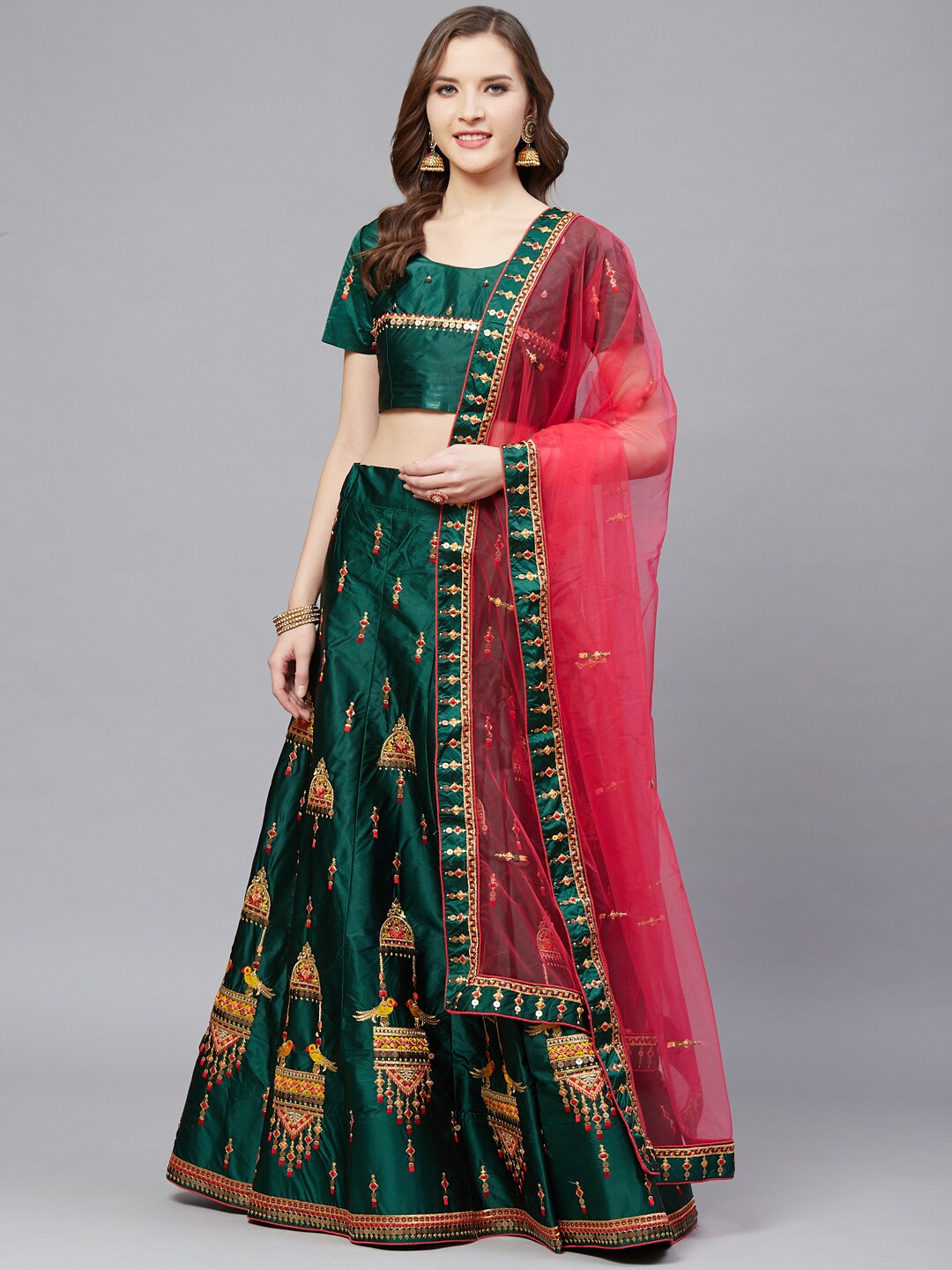 Mitera Green & Pink Embroidered Semi-Stitched Lehenga & Unstitched Blouse with Dupatta Price in India