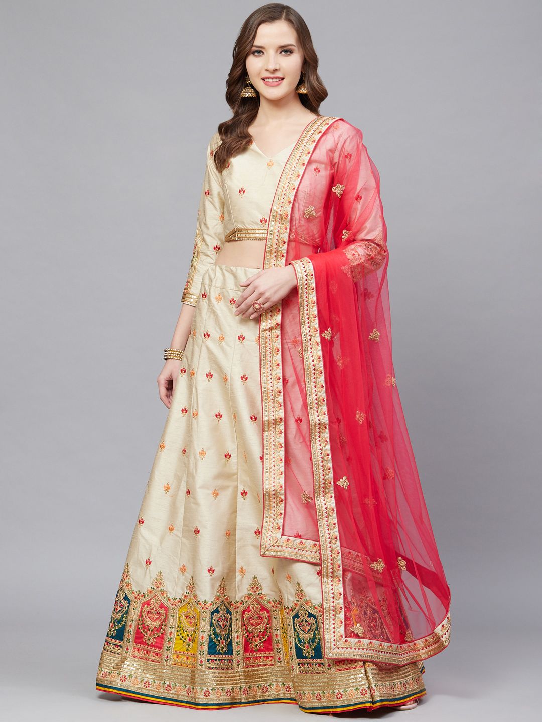 Mitera Beige & Coral Embroidered Semi-Stitched Lehenga & Unstitched Blouse with Dupatta Price in India