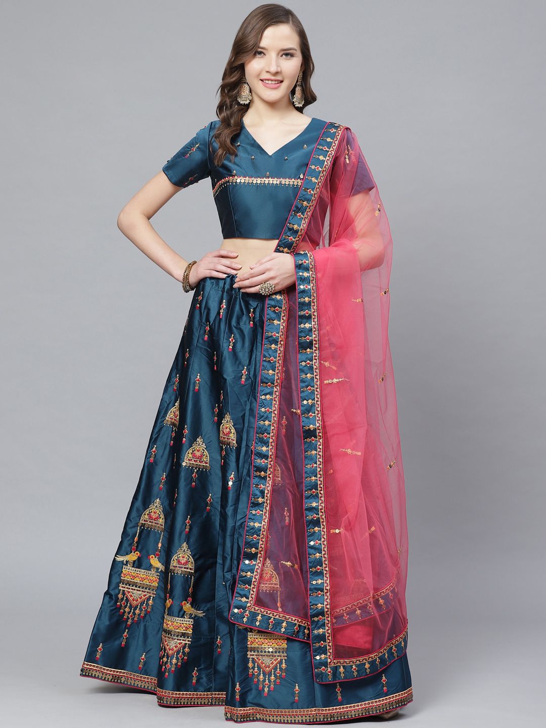 Mitera Navy Blue & Pink Embroidered Semi-Stitched Lehenga & Unstitched Blouse with Dupatta