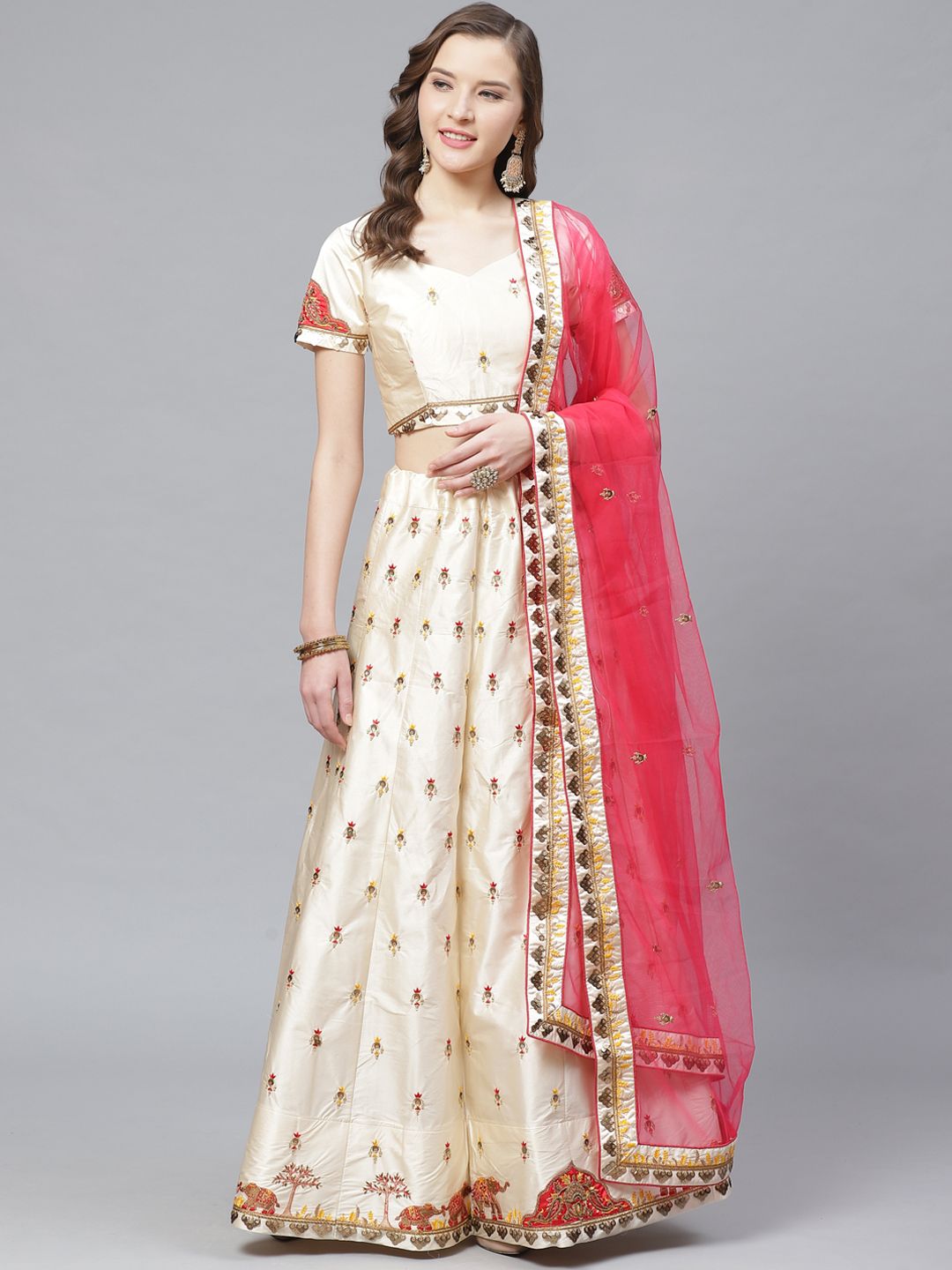 Mitera Off-White & Pink Embroidered Semi-Stitched Lehenga & Unstitched Blouse with Dupatta