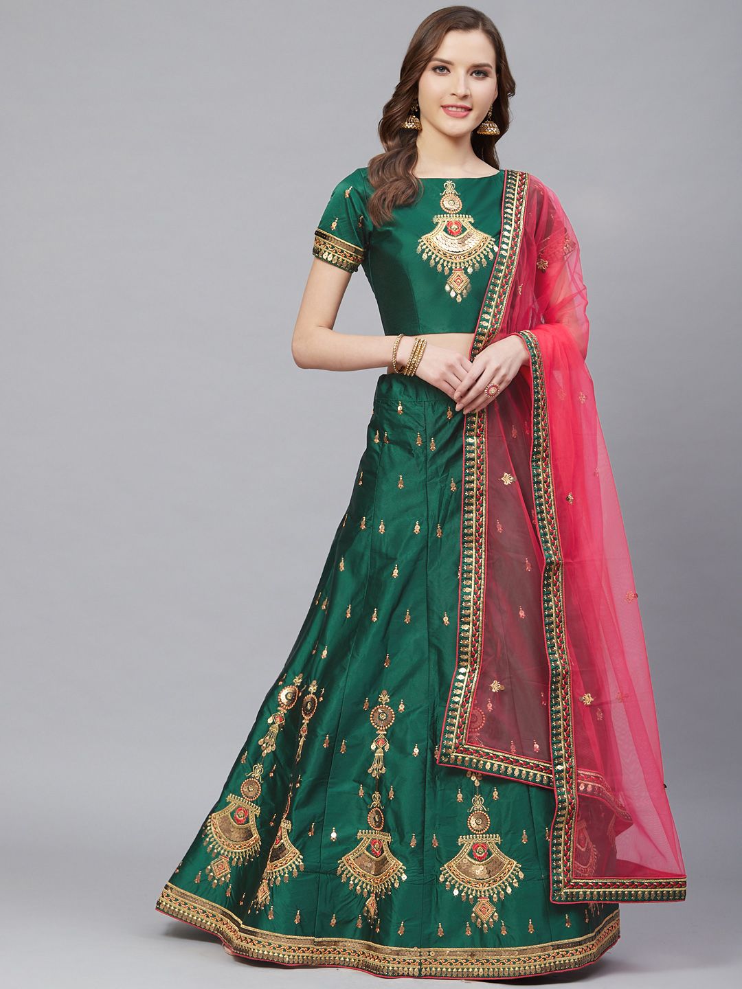 Mitera Green Embroidered Semi-Stitched Lehenga & Unstitched Blouse with Dupatta Price in India