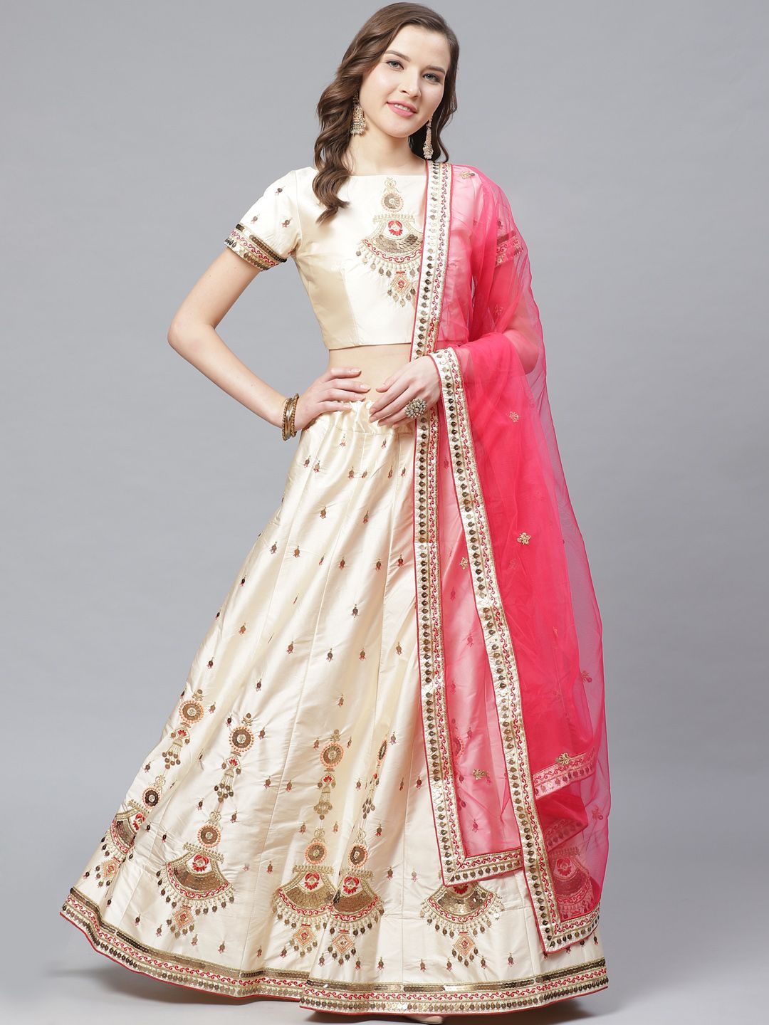 Mitera Mustard Cream-Coloured & Pink Sequinned Embroidered Semi-Stitched Lehenga Set