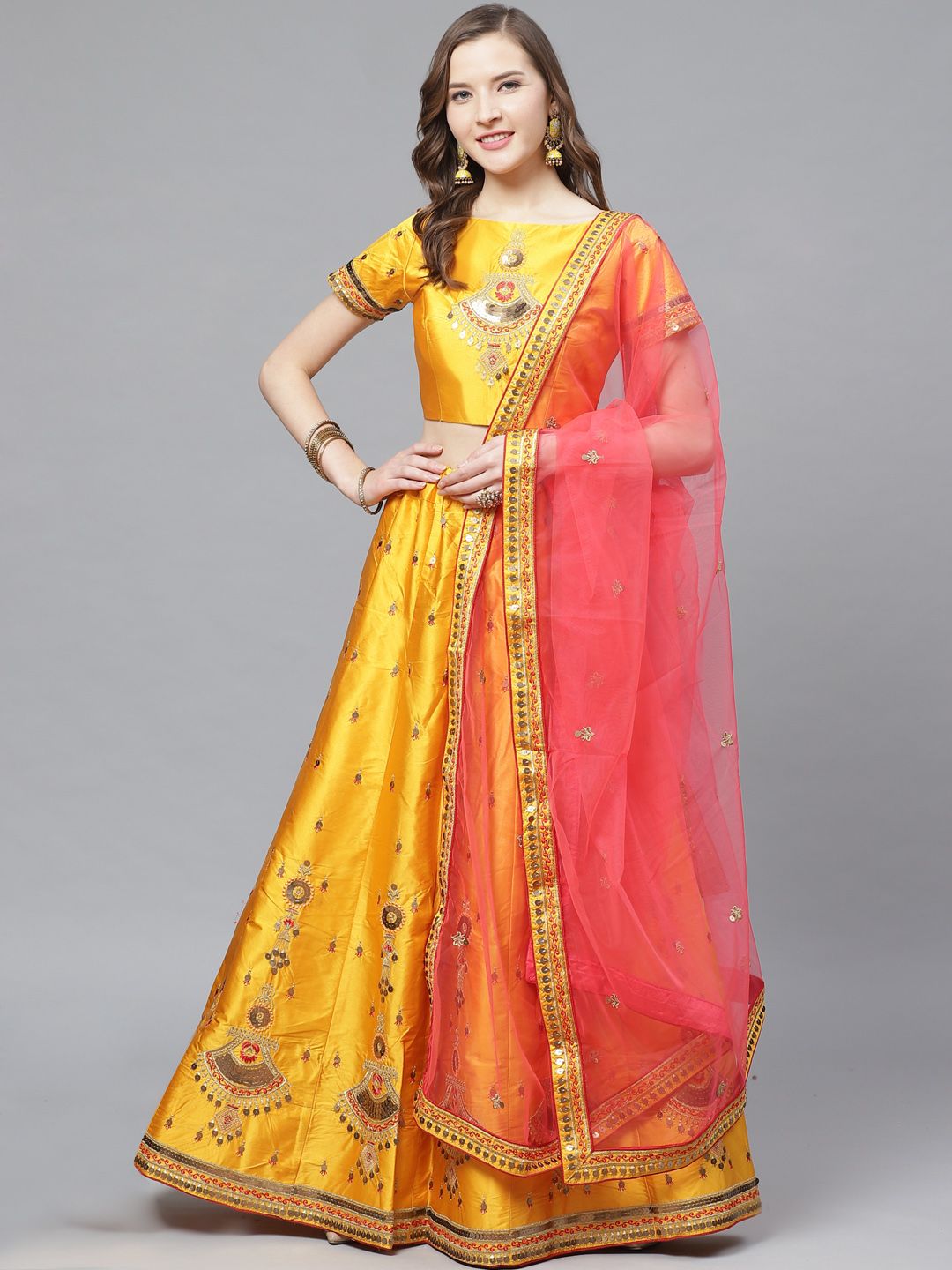 Mitera Mustard Yellow & Pink Sequinned Embroidered Semi-Stitched Lehenga Set