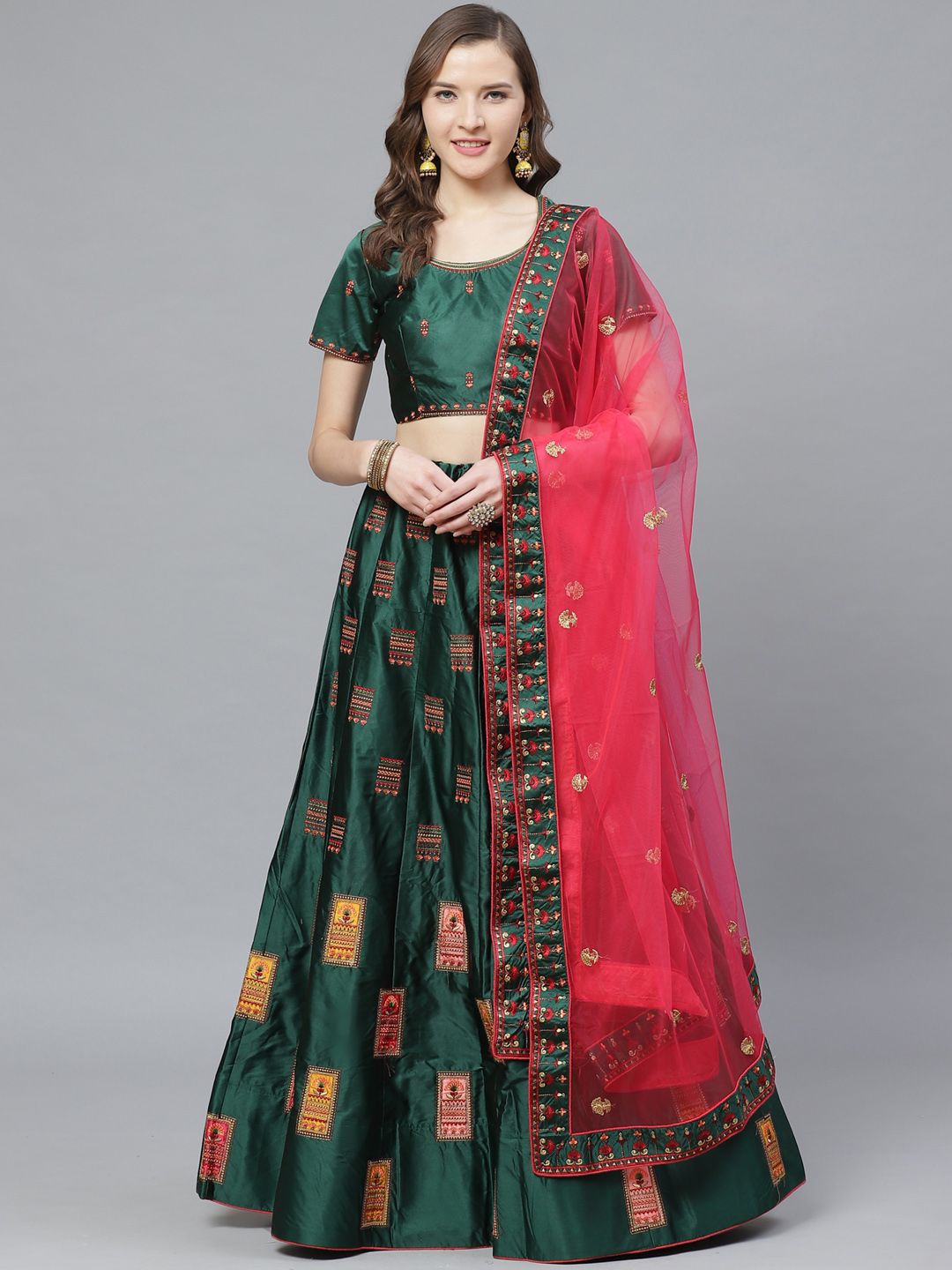 Green & Pink Embroidered Satin Semi-Stitched Lehenga & Unstitched Blouse with Dupatta Price in India