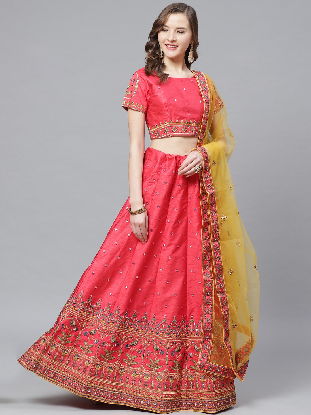 Mitera Red Mirror Embroidered Semi-Stitched Lehenga & Unstitched Blouse with Dupatta Price in India
