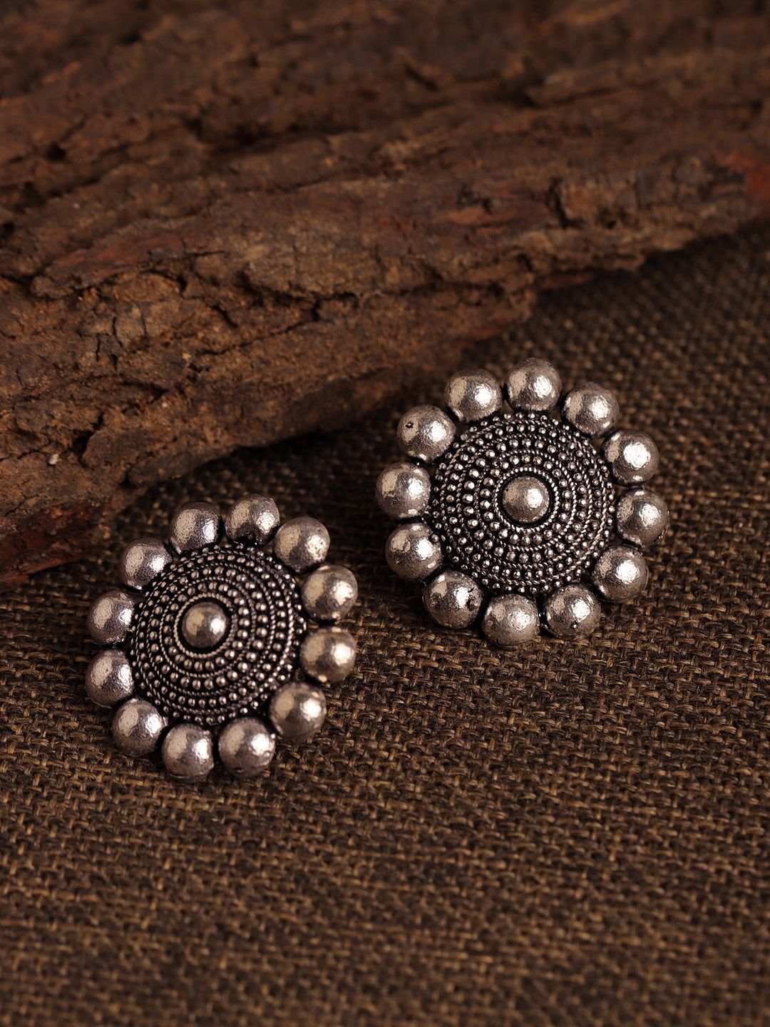 Fabstreet Silver-Toned Oxidised Floral Studs Price in India