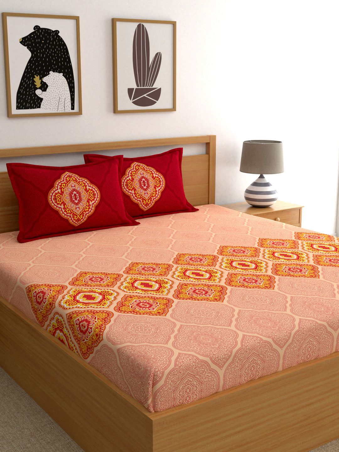 Dreamscape Beige  Red Ethnic Motifs 144 TC Cotton 1 King Bedsheet with 2 Pillow Covers Price in India