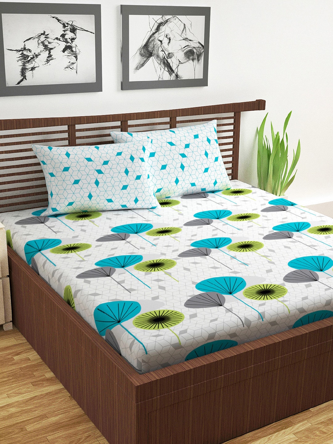 Divine Casa White & Blue Geometric 144 TC Cotton 1 Queen Bedsheet with 2 Pillow Covers Price in India