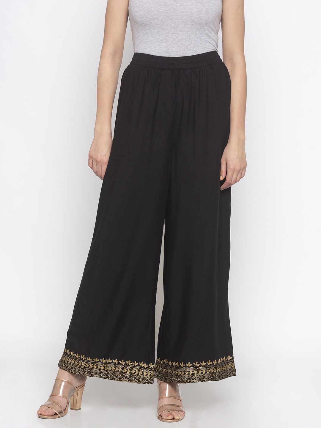 Globus Women Black & Gold-Coloured Solid Straight Palazzos Price in India