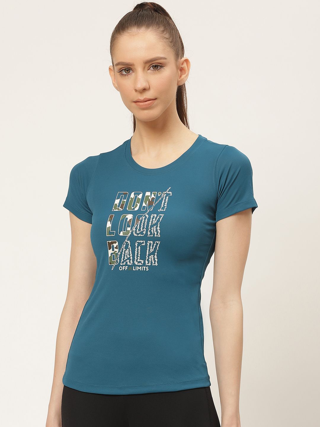 OFF LIMITS Women Teal Blue & Off-White Printed Round Neck T-shirt Price in India