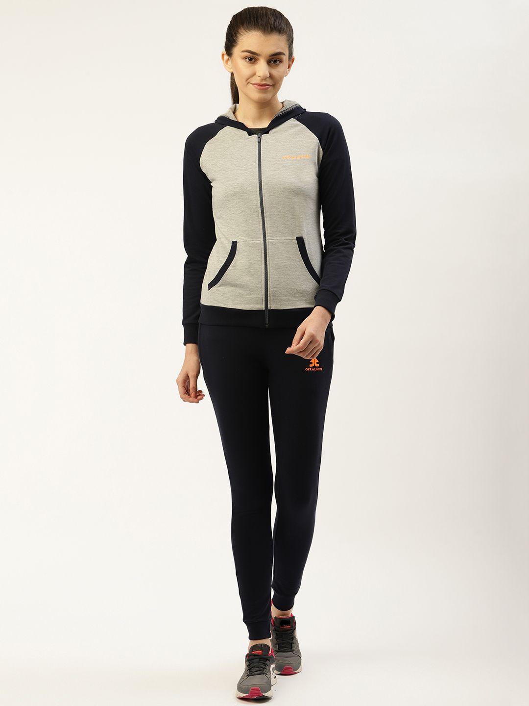 OFF LIMITS Women Grey Melange & Navy Solid Hooded Tracksuit Price in India
